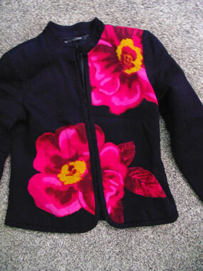 Vyg 80s Scott Taylor RAVE Black Crop Jacket Blazer Bold Pink Flowers Lined M